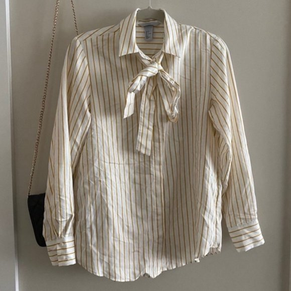 H&M Yellow White Stripe Bow Tie Long Sleeve Blouse - Picture 2 of 6